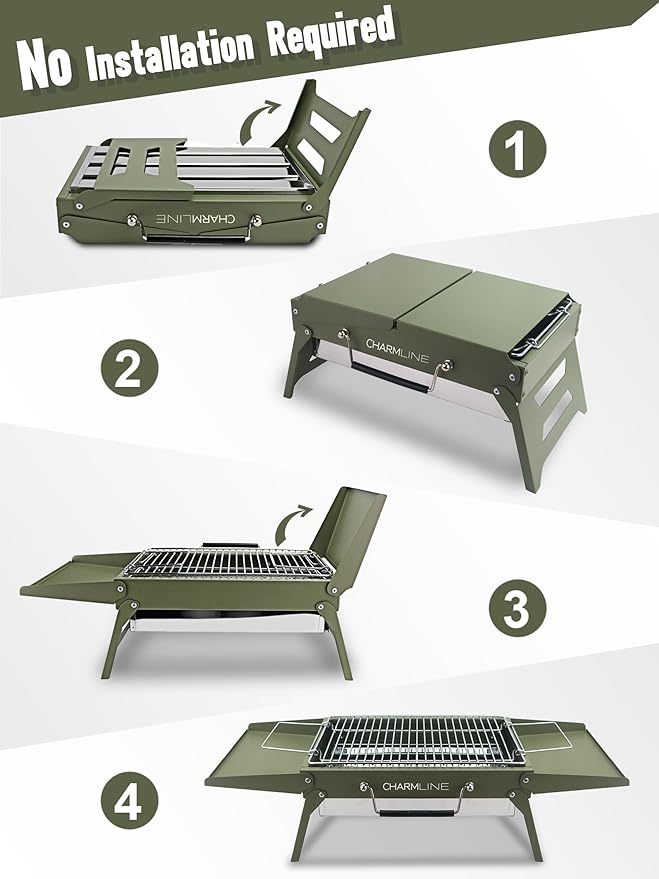 Charmline 14x9 inches Small Portable Charcoal Grill, Camping Gift for Outdoor Enthusias, Tabletop Charcoal Grills for Camping, Picnics, Gardens and Beach Parties, Green