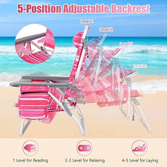 GYMAX Beach Chairs, Backpack Camping Chair with Armrest, Cooler Bag, Cup Holder, Towel Bar & Side Pockets, Sunbath Sling Tanning Lounge, Folding Layout Chair (Without Table, Pink Stripe)