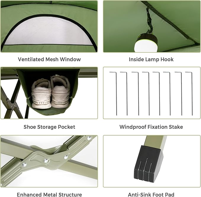 Tangkula 2-Person Tent Cot, 4-in-1 Folding Tent with Waterproof Rainfly, Self-Inflating Mattress & Roller Carrying Bag, Portable Off Ground Elevated Tent with Shoe Storage Pocket & Lamp Hook