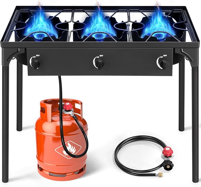 Karl home 3 Burner Propane Gas Stove for Outdoor Cooking, 225,000 BTU Camping Cooker with Removable Legs & Adjustable PSI Regulator for Backyard Cooking BBQ Baking Frying