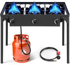 Karl home 3 Burner Propane Gas Stove for Outdoor Cooking, 225,000 BTU Camping Cooker with Removable Legs & Adjustable PSI Regulator for Backyard Cooking BBQ Baking Frying