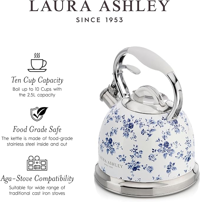 Laura Ashley China Rose Stovetop Kettle with Whistle - 2.5L Fast Boil Stainless Steel Kettle Stove Top - Silicon Coated Cool Handle Camping Kettle for Gas, Induction Hob - Compatible with Aga Stove