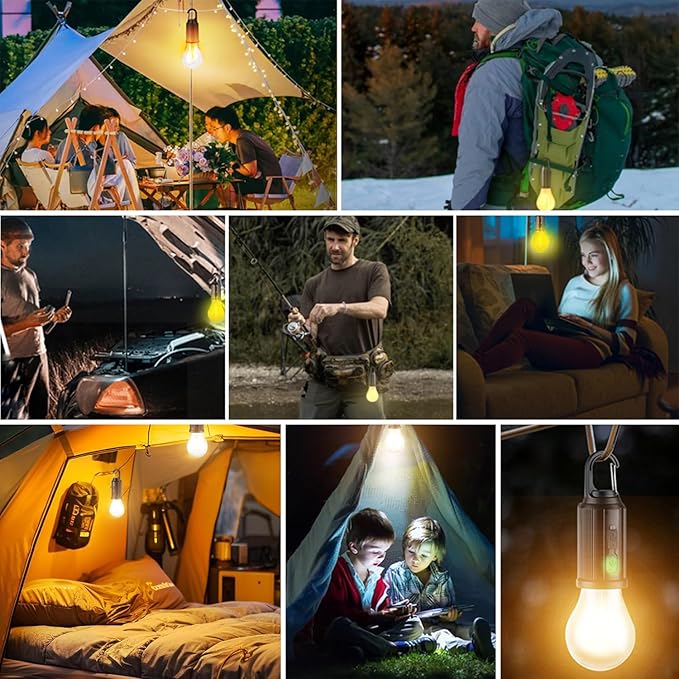 4 Pack Led Camping Lantern Solar Rechargeable,Outdoor Tent Lights for Camping Essentials, Hanging Light Bulbs with Clip Hook Camping Flashlight