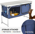VINGLI 4 Ft Folding Table, Aluminum Camping Table, Picnic Table with Storage, Adjustable Height for Outdoor Beach BBQ Backyards Travel Party (White ＆ Blue)