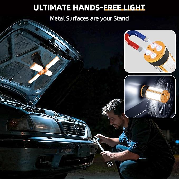T-SUN Rechargeable Camping Light with Stand, 10400mAh LED Work Light 4100 Lumens with 4 LED Lamp Heads, Portable Work Light with Detachable Tripod 67" Max Height (Orange)
