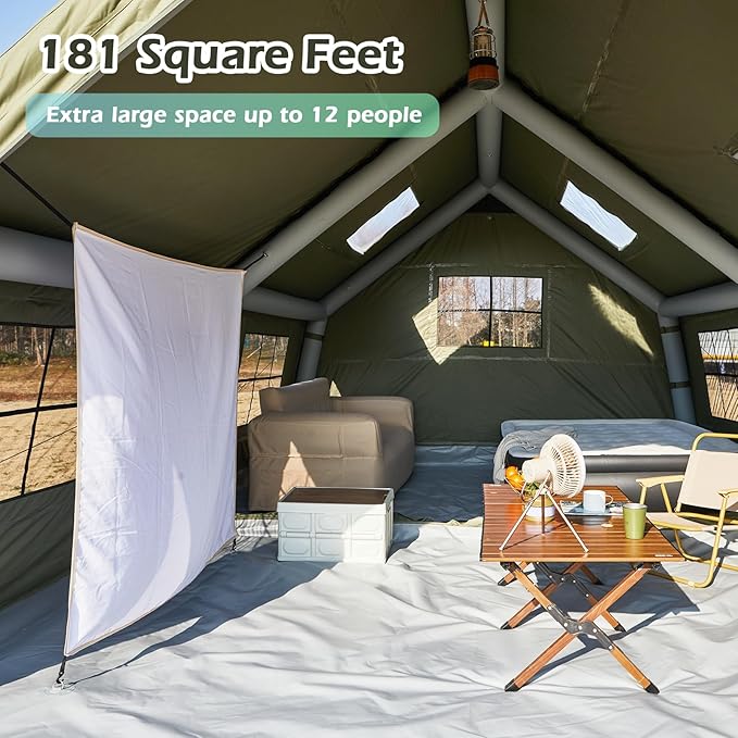 YOLENY Inflatable Tents for Camping, 6-12 Person Blow Up Tent with TPU Skylight, Canopy, Mesh Windows, Stove Jack & Pump, 4 Season Large Inflatable Tent, Waterproof & Windproof