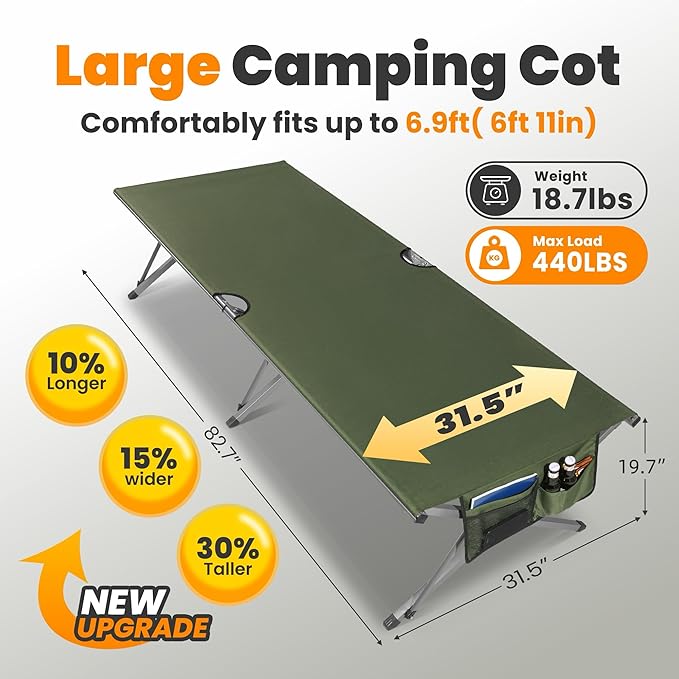 Oversized Camping Cot for Adults - Non-Assemble Folding Camping Bed Extra Wide for Outdoor, Support up to 6.9ft or 450lbs, with Storager Bag, 82” L x 32” W(Green)