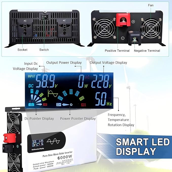 5000-12000w Pure Sine Wave Inverter Camping Inverter Portable Power, DC 12 V, 24 V, 48 V, 60 V, 72 V a CA 110 V for Home/RV/Truck/Car/Camping/Solar 24V-6000W