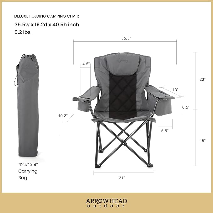 ARROWHEAD OUTDOOR 2-Pack Portable Deluxe Folding Camp Quad Chair w/Headrest, Glass & Cup Holders, Armest 6-can Cooler, Heavy Duty Carry Bag, 550 lbs Weight Capacity