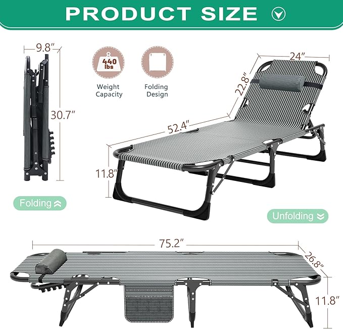 NAIZEA Folding Camping Cot W/Mat for Adults, Adjustable Lounge Chair Outdoor, Heavy Duty Sleeping Cot Bed, Travel Camp Cots for Pool, Beach, Patio Sunbathing