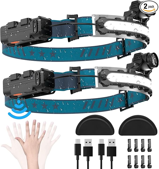 LED Headlamp Rechargeable, Super Bright 1000 Lumens 270° Wide Beam Headlamp with Motion Sensor,6 Lighting Modes, IPX4 Waterproof Head Lamp Suitable for Camping, Hiking, Working Hard Hat Headlight 2pcs