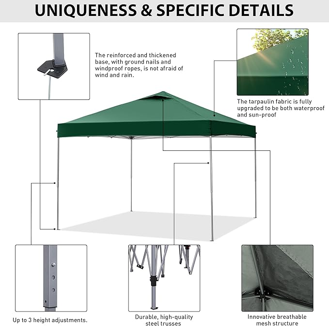 GDY 10x10 Pop Up Canopy Tent, Easy Set up Outdoor Silver Coated Beach Gazebos, Carpas for Pool, Events, Parties, and Camping, Green.