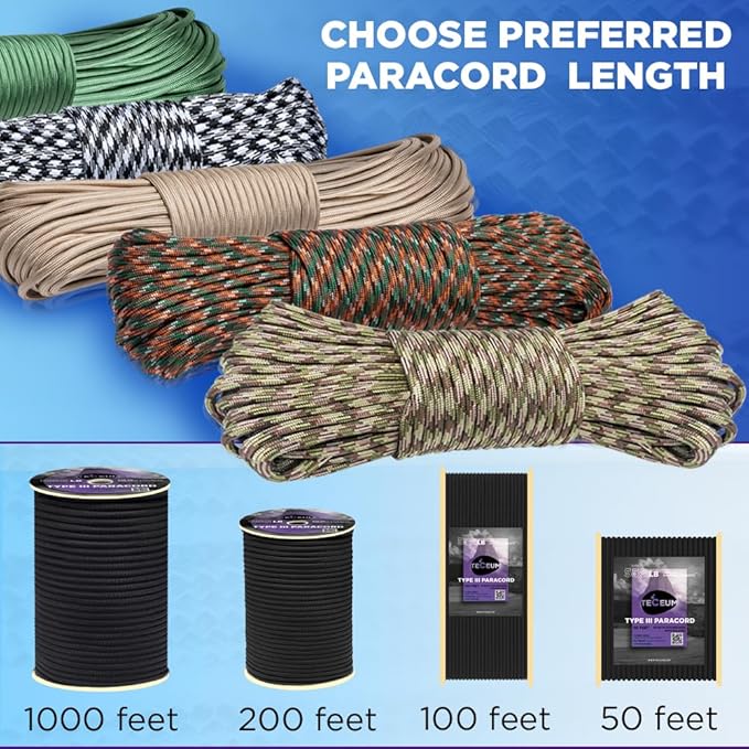 TECEUM 5/32" Paracord Rope 1000 – 1000ft / 200ft / 100ft / 50ft – Tactical Parachute Cord 4mm – 45+ Colors – Nylon String for Survival & Camping Gear – Stripe Cord for Survival – Utility Rope