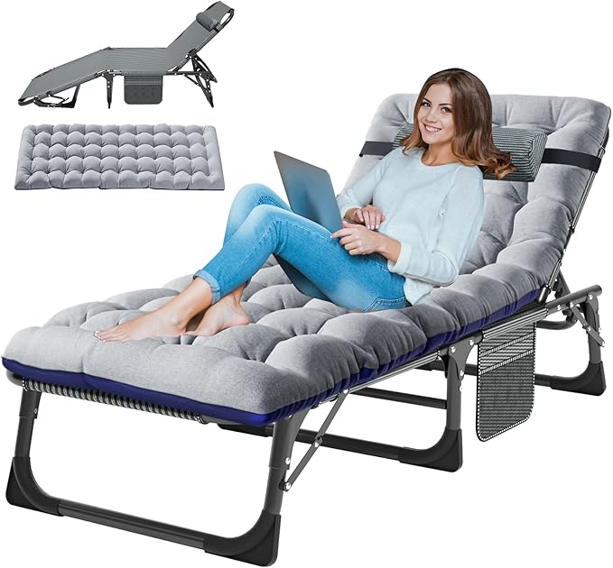 LILYPELLE Folding Outside Chaise Lounge Chair with Mattress, 5 Position Adjustable Patio Folding Lounge Chair Reclining Chairs Perfect for Sunbathing, Camping, Pool, Beach, Patio