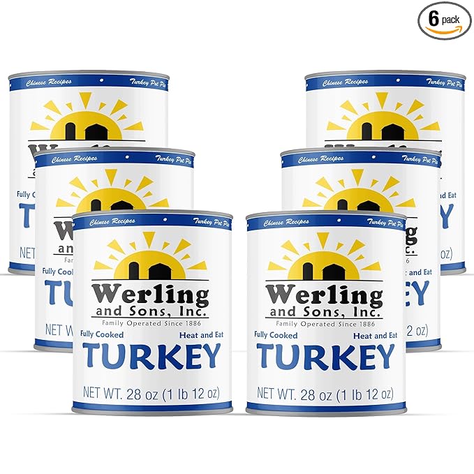 Werling & Sons Fully Cooked Canned Turkey Meat 28 Oz Heat & Eat Premium Quality Recipe Ready Canned Meat for Everyday Quick Meals, Camping, Emergency Canned Food & Survival Preparedness Pack of 6