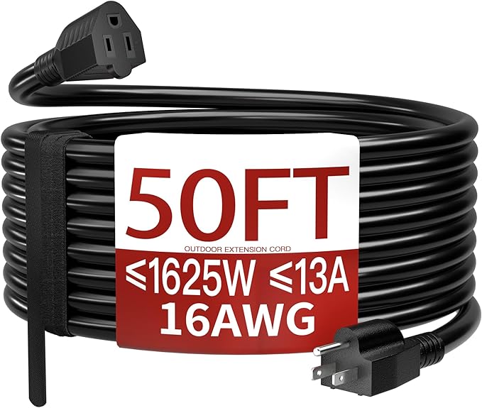 16/3 50 FT Outdoor Extension Cord Waterproof, Weatherproof & Flame Retardant Black 3 Prong Power Cord Outside for Lawn & Garden, 13 Amps 1625 Watts 125 VAC 16AWG SJTW, ETL Listed