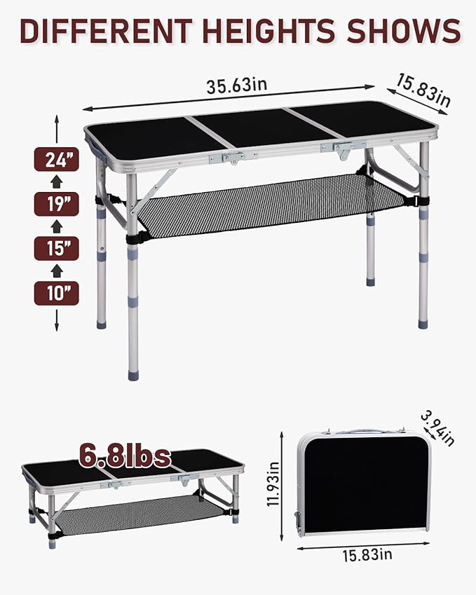 Outvita Folding Table, 3FT Aluminum Camping Table with Storage Adjustable Height Picnic Table Lightweight for Carring Outdoor Party Events Beach