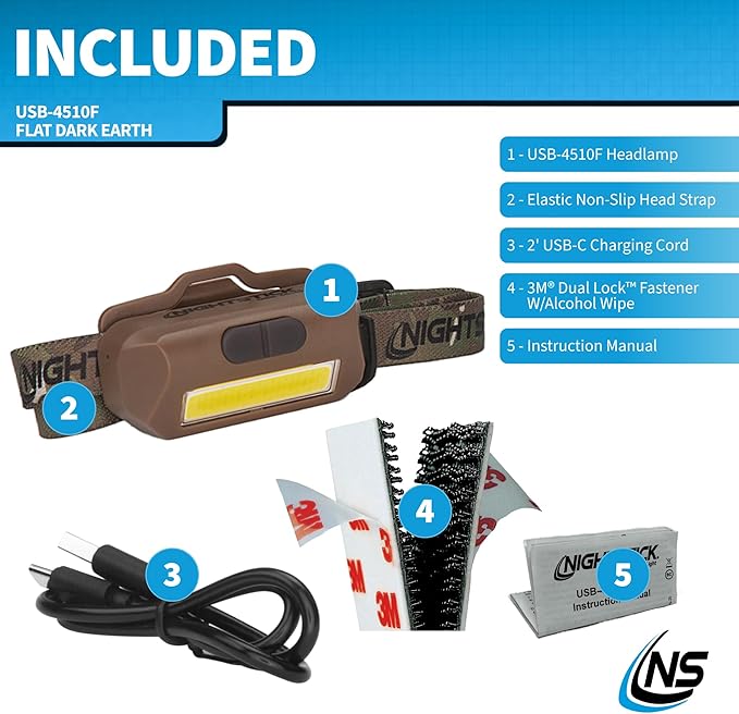 Nightstick USB-4510F Multi-Flood USB Headlamp w/Brim Clip & Camo Strap - LiPo - Flat Dark Earth