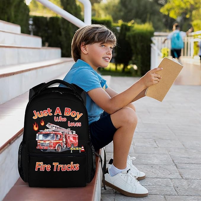 Kids School Backpack for Boys, 17 Inches Fire Truck Backpacks for Primary Elementary Grade, Cartoon Trucks Pattern Large Capacity Bookbag for Children Travel Camp