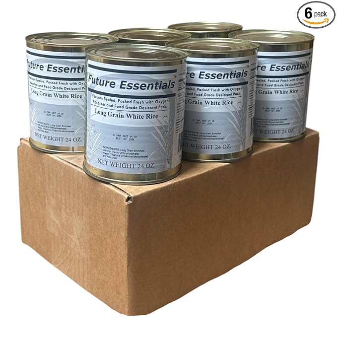 Future Essentials Long Grain White Rice – USA Grown, Uncooked White Rice with 25-Year Shelf Life – Shelf-Stable, Vacuum-Sealed Emergency Food – 24 oz #2.5 Can (Pack of 6)
