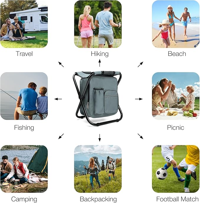 Portable Backpack Stool Cooler Chair for Adults, Folding Large 3 in 1 Multifunction Insulated Camping Seat Backpack Cooler Chair Heavy Duty 350lbs for Fishing Hunting, Gray