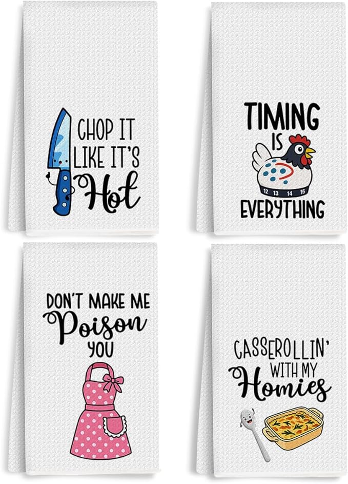 4Pcs Funny Kitchen Towels 24x14 Inch, Cute Kitchen Utensils Waffle Weave Hand Towels for Home Farmhouse, White Absorbent Microfiber Dish Cloth Tea Towel, Housewarming Gifts for Women Mom 2