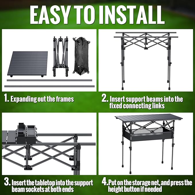 GARLLEN Folding Camping Table, 2-Height Adjustable Portable Roll-up Camping Table with Storage Net, Lightweight Aluminum Picnic Table with Carrying Bag for Cooking, BBQ, Outdoor, 32.2" L x 15.7" W