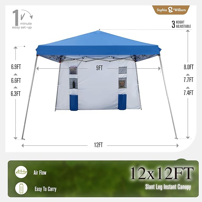 Sophia & William Canopy Tent Pop Up 12x12ft Base/9x9ft Top Easy Set Up Tent Slant Legs, Outdoor Canopies Shelter with 1 Sidewall & 4 Sandbags, 1 Roller Bag & Storage Bag, 8 Stakes & 4 Guy Ropes UPF50+