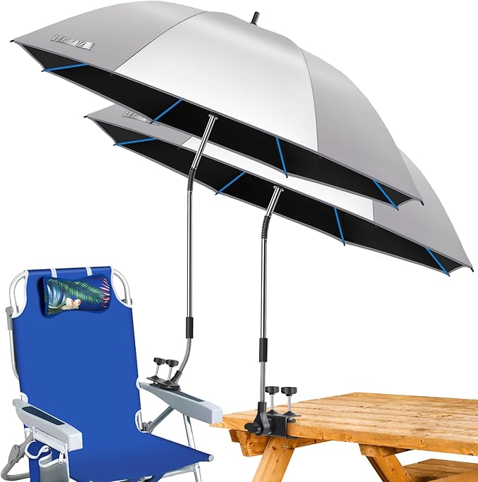 Beach Umbrella, 2PACK 48.7inch Chair Umbrella with Clamp adjustable 360°, UV Protection Large Camping Chair Umbrellas for Camping chair, Glof Cart,Table(Chair,Table not include)