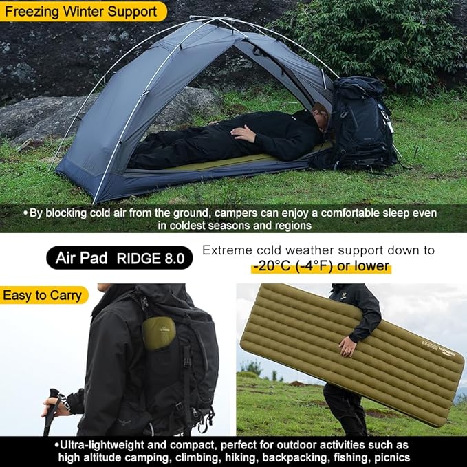 Camping Air Sleeping Pad Ridge 8.0 R-Value 8 Insulation Extreme Cold Weather Pump Bag Compact Lightweight Portable Hiking Disaster Preparedness Earthquakes Outdoor Inflatable Pad