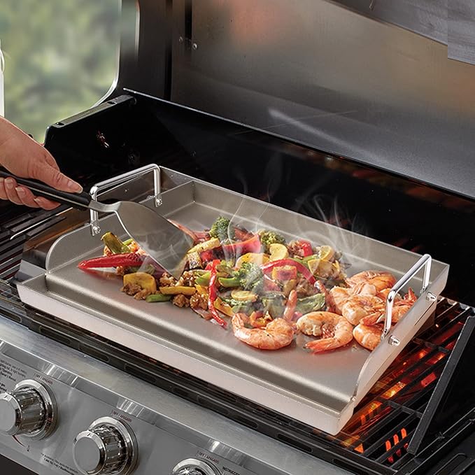 Utheer Cast Iron Griddle for Gas Grill, 25" x16" Flat Top for Outdoor Grill Rectangular Plate with Removable Handles for Charcoal Camping, Tailgating, and Parties