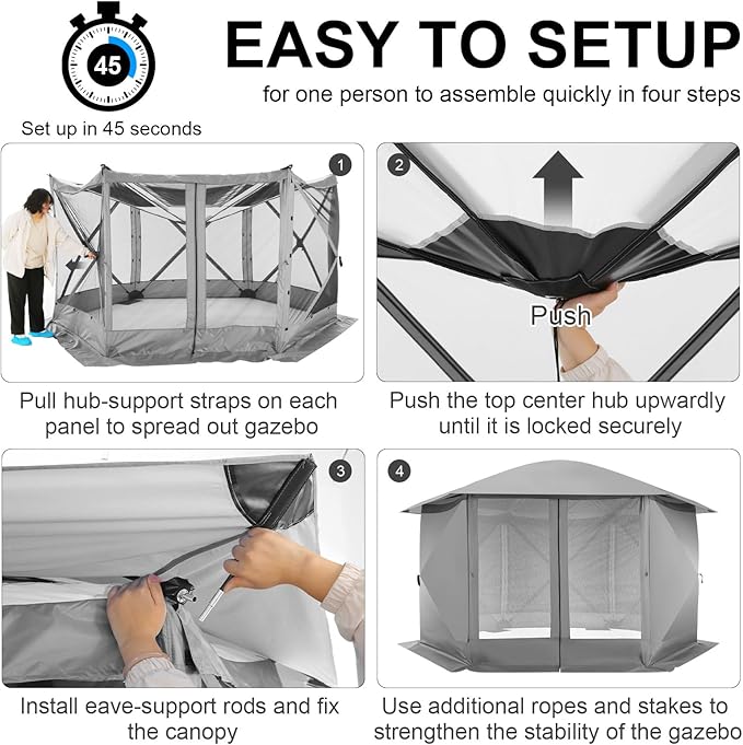 COBIZI Pop Up Gazebo Screen Tent Screen House for Camping, 12x12 Screen Room with Mosquito Netting, Hub Tent Instant Screened Canopy with Carrying Bag and Ground Stakes, Gray
