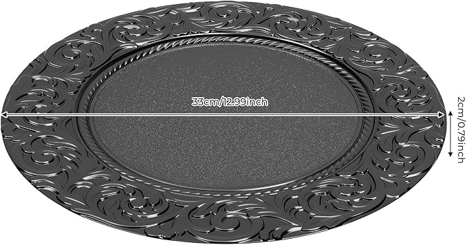 DYRABREST 100 Pcs 13 Inch Black Charger Plates, Bulk PP Wedding Chargers with Floral Reef Design Decorative Round Ruffled Rim Dinner Plates for Wedding Party Event Table Setting Decoration