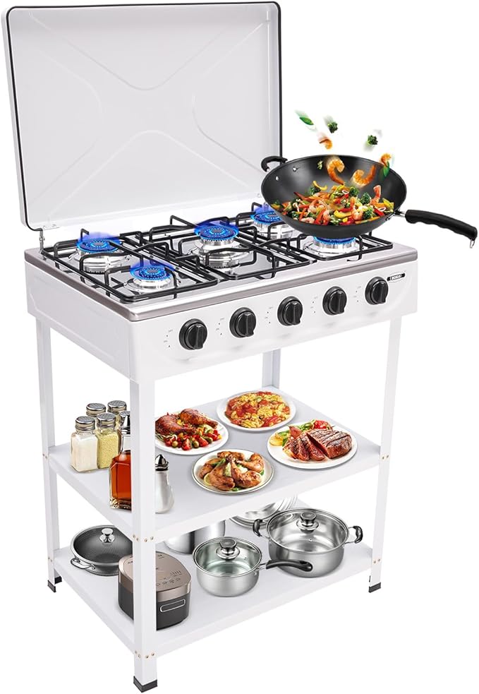 Gas Stove 5 Burner, Portable Natural Gas Stove Outdoor Camping BBQ Stove Gas Cooker with 2 Tier Storage Rack, for RV, Apartment, Outdoor Cooking (White, 5-Burner)
