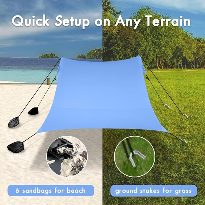 Beach Canopy Windproof Design, Sun Shelter UPF50+ Portable Family Tent with 6 Sandbags Anchors 8x8 FT 2 Pole Pop Up Outdoor Shelter for Beach, Camping, Fishing, Backyard