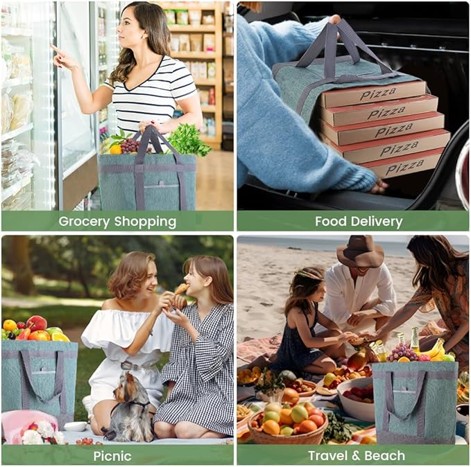 mosago Professional Insulated Food Delivery Bag, Large 39L Commercial Catering Tote for Pizza & Grocery, 3-Layer Thermal Leak-Resistant Shopping Bag, Heavy Duty Green Cationic Fabric, Collapsible