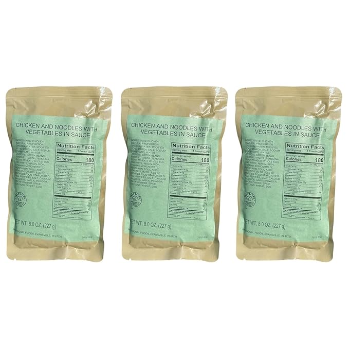 MRE (Meal-Ready-to-Eat) | Single Serving Entree | Emergency Meals | Survival Food | Fresh Dates | Long Shelf Life | Made in USA (3-Pack, Chicken Noodle with Vegetables)