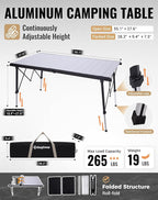 KingCamp Folding Camping Table Foldable, 55.1" x27.6" Aluminum Roll Up Table with Adjustable Height 6-7 Person Camp Tables Outdoor with Carrying Bag for BBQ, Patio, and Picnic Loads 265 Lbs