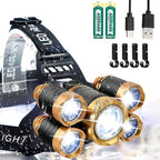 USB Rechargeable Headlamp 12000 Lumen Ultra Bright LED Work Headlight, 4 Modes Waterproof Head Lamp Best Headlamps for Adults, Camping, Outdoors & Hard Hat Work Zoomable Headlight (Gold)