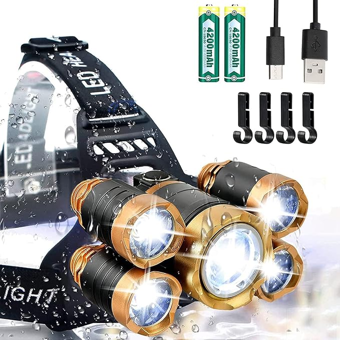 USB Rechargeable Headlamp 12000 Lumen Ultra Bright LED Work Headlight, 4 Modes Waterproof Head Lamp Best Headlamps for Adults, Camping, Outdoors & Hard Hat Work Zoomable Headlight (Gold)