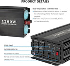 1200W Pure Sine Wave Inverter, DC 12V to AC 120V, with Wireless Remote Control, 4 AC Outlets, USB-A/C Ports for Home, RV, Camping, Electronics, Outdoor Use, Upgraded of 1000W Inverter
