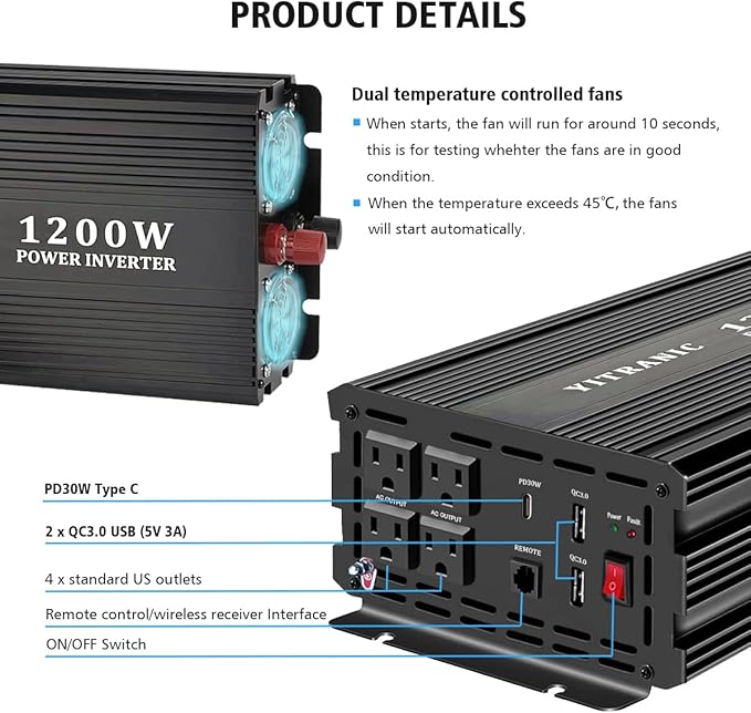 1200W Pure Sine Wave Inverter, DC 12V to AC 120V, with Wireless Remote Control, 4 AC Outlets, USB-A/C Ports for Home, RV, Camping, Electronics, Outdoor Use, Upgraded of 1000W Inverter