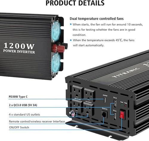 1200W Pure Sine Wave Inverter, DC 12V to AC 120V, with Wireless Remote Control, 4 AC Outlets, USB-A/C Ports for Home, RV, Camping, Electronics, Outdoor Use, Upgraded of 1000W Inverter