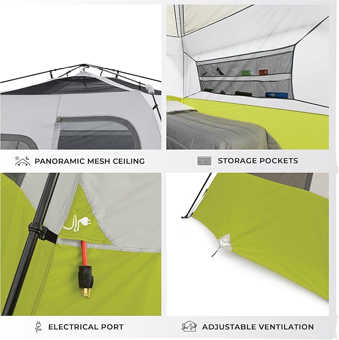 CORE Instant Cabin Tents | 6 Person / 9 Person / 10 Person / 12 Person Family Cabin Multi Room Pop Up Tents Car Camping | Included Storage Pockets for Camping Accessories