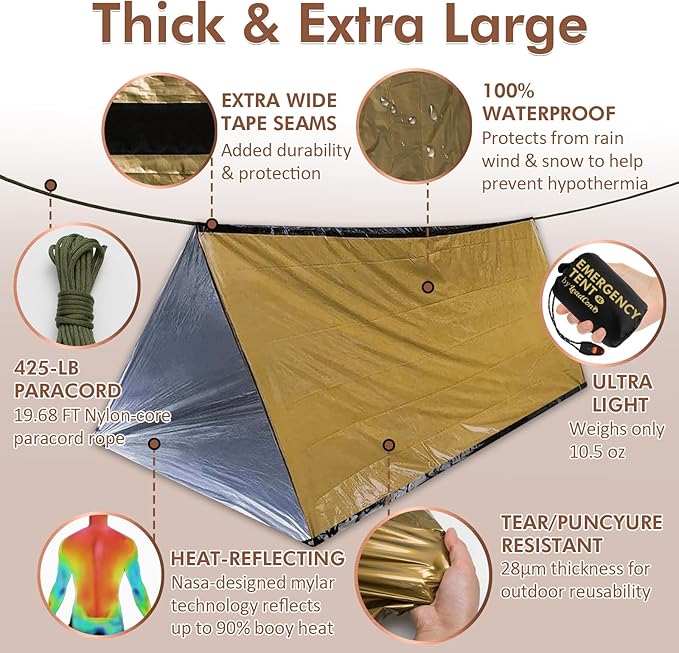 2 Pack Emergency Survival Tent, 2 Person Emergency Shelter Tube Tent All-Weather Protection for Camping, Hiking, & Survival Kits Includes 5 pcs Emergency Blanket Mylar