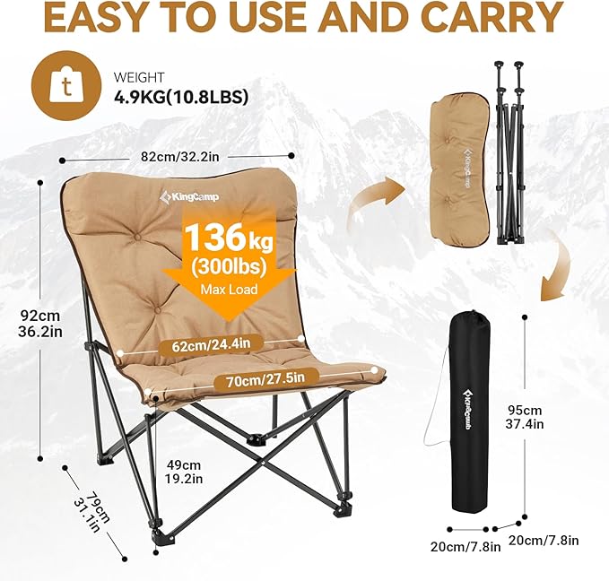 KingCamp Padded Oversized Camping Chair and Bamboo Folding Table 4-Fold Portable Camping Table with Visual Adjustable Height Aluminum Legs,Outdoor Lightweight Camp Tables with Carry Bag