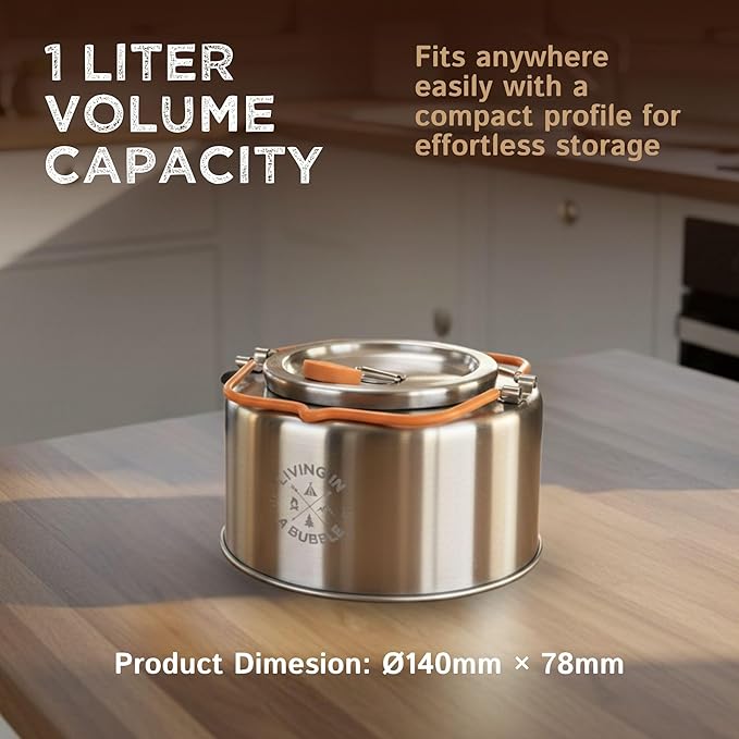 Living in a Bubble Premium 1L Camping Kettle with Strainer – Chef-Grade Stainless Steel – Compact Outdoor Cookware for Camping, Van Life, & Tiny Kitchens