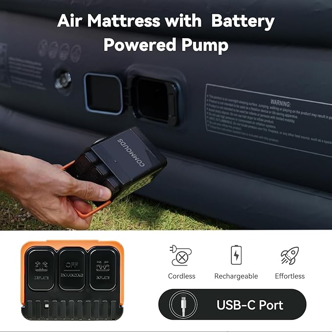 COMMOUDS Queen Air Mattress with Built-in USB Rechargeable Air Pump, 8" Raised Blow up Mattress with Built-in Pillow, Portable Inflatable Mattress, Air Bed for Camping, Travel, Home and Guest
