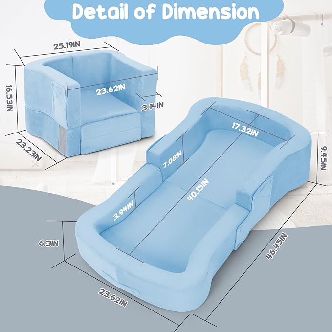 Portable Toddler Travel Bed, 2-in-1 Foldable Toddler Bed Sofa Chair, Soft Baby Kids Travel Floor Cot with Washable Covers Safety Foam Raised Bumper for Grandma's House Road Trips Camping Hotel (Blue)