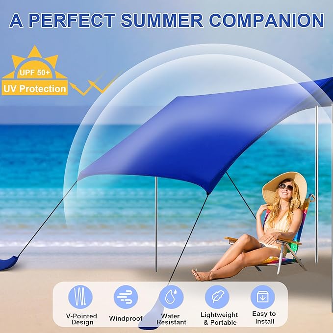 Beach Tent Sun Shelter UPF50+ with Sandbags, Sand Shovel & Windproof Poles - Portable Pop Up Canopy for Beach, Camping, Picnics, Backyard & Fishing (Royal Blue,6.9x6.5FT)